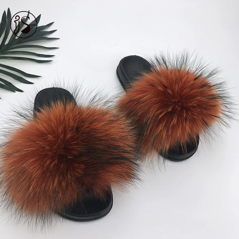 

2021 Hot Various Styles furry sandals Exquisite real big raccoon fur slippers Plush women fur slides, Picture