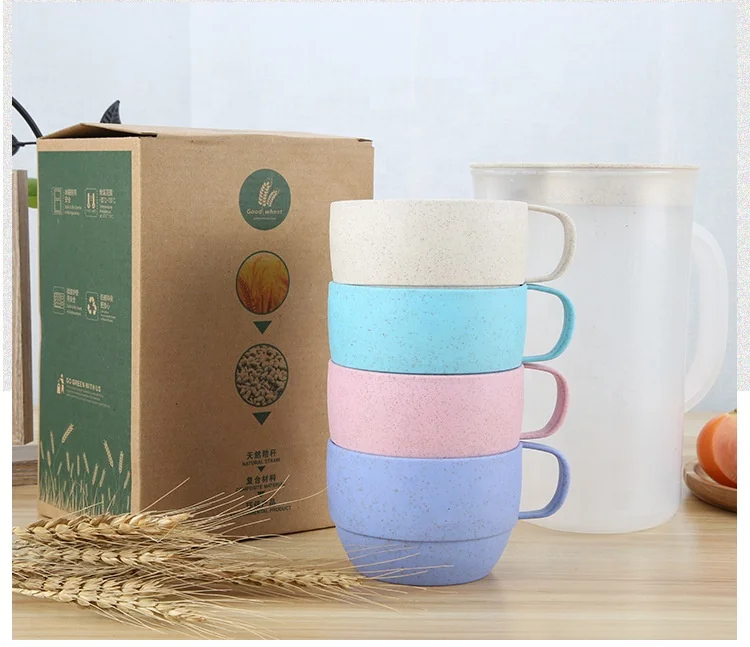 

Reusable Eco Friendly Plastic Biodegradable Wheat Straw Drinking Cup Set, Blue / beige / pink / green