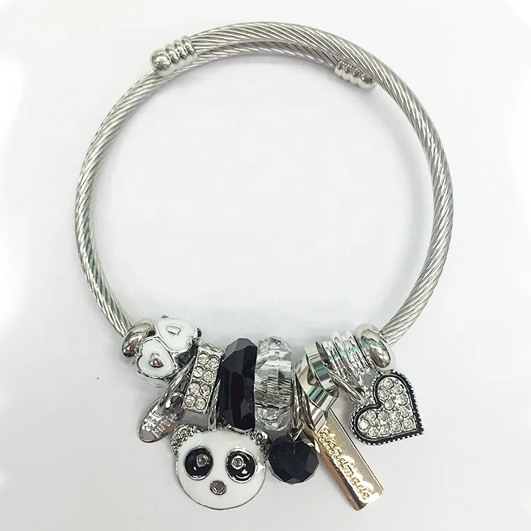 

Modalen Open Lucky Fortune Enamel Panda Heart Stainless Steel Charm Bracelet Bangle