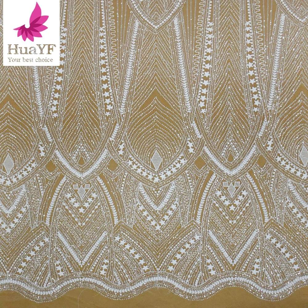 

Luxury white french 3d beaded sequins lace high density embroidery bridal wedding lace dress fabric for 5 yards HY1704-4, As picture