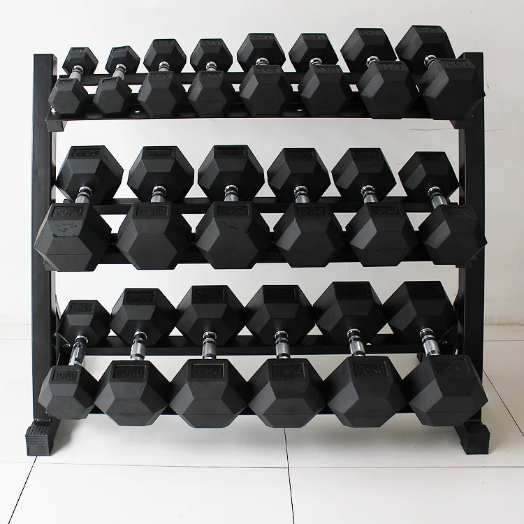 

Two Tier Heavy Duty Steel Dumbbell Rack Loaded With Sets of Rubber Hex Dumbbells
