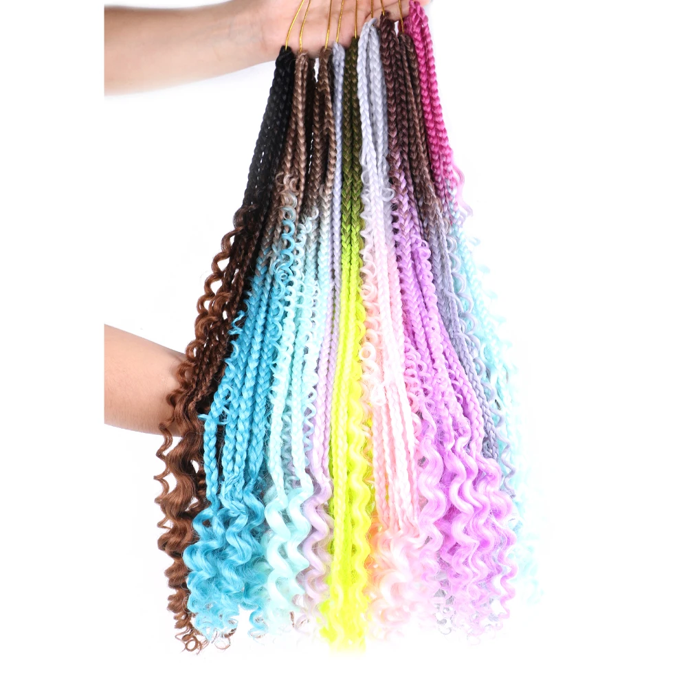 

Hot sell Crochet Bohemian Hair Goddess Locs messy box braids with Curly Ombre Pre-looped Synthetic Boho 3x river box braids, Natural color