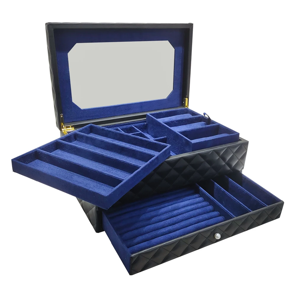 

Sesi Custom Handmade Luxury Navy Blue Double Layer Storage Box Leather Jewelry Large Boxes For Women, Customized color