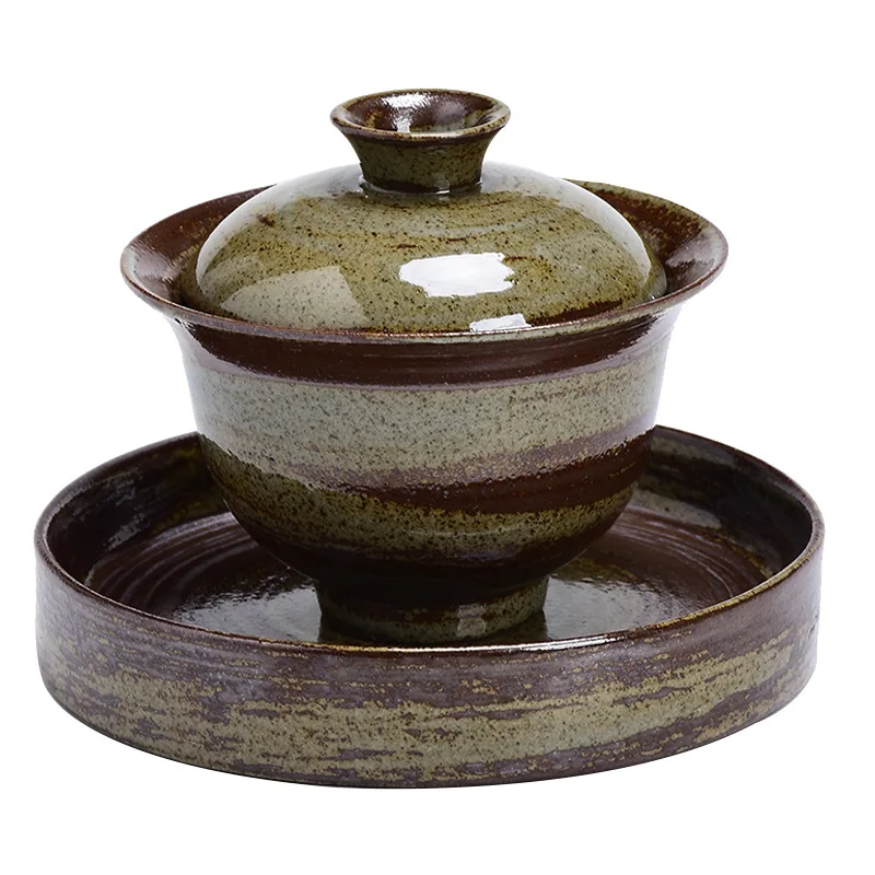 Japanese Style Handmade Stoneware Tureen High Temperature Reduction Burning Ceramic Gaiwan Kung Fu Tea Set Tea Bowl Tea Cup