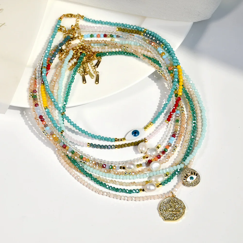 

DAHE Spring And Summer New Niche Necklace Y2k Colored Crystal Beaded Necklace Female Freshwater Pearl Collarbone Chain Necklace