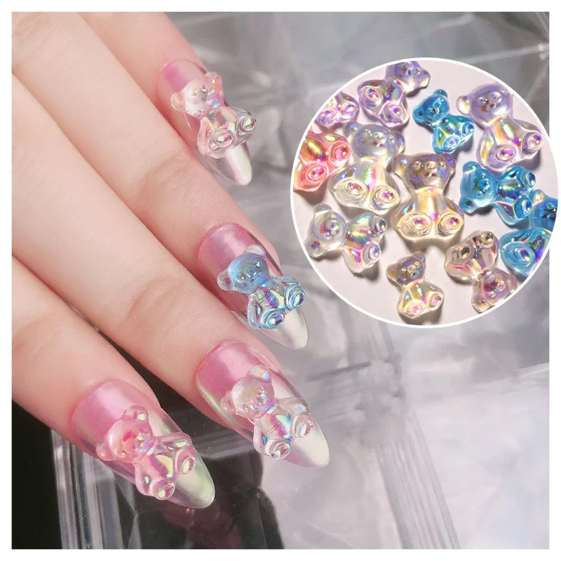 

6pcs/Set Nail Art Diamond Ornaments Bear Finished Stereo Aurora Crystal Gel Symphony Candy Bear Jewelry Nail Decoration Diamond, Picture