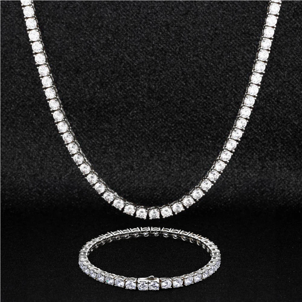 

KRKC Drop Shipping 1pcs Service 5mm White Gold Plated CZ Diamond Tennis Bracelet and Necklace Set Jewelry Mens Tennis Chain