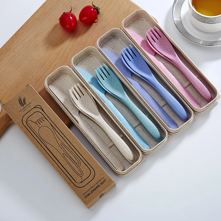 

Colored Travel Tableware Fork And Spoon Knife Wheat Straw Cutlery Set with Case, Blue/pink/green/wheat