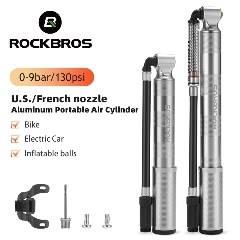

ROCKBROS Portable Hand Bike Pump Mini Bicycle Air With Pressure Gauge Aluminum Alloy Bicycle Pump, Silver,black