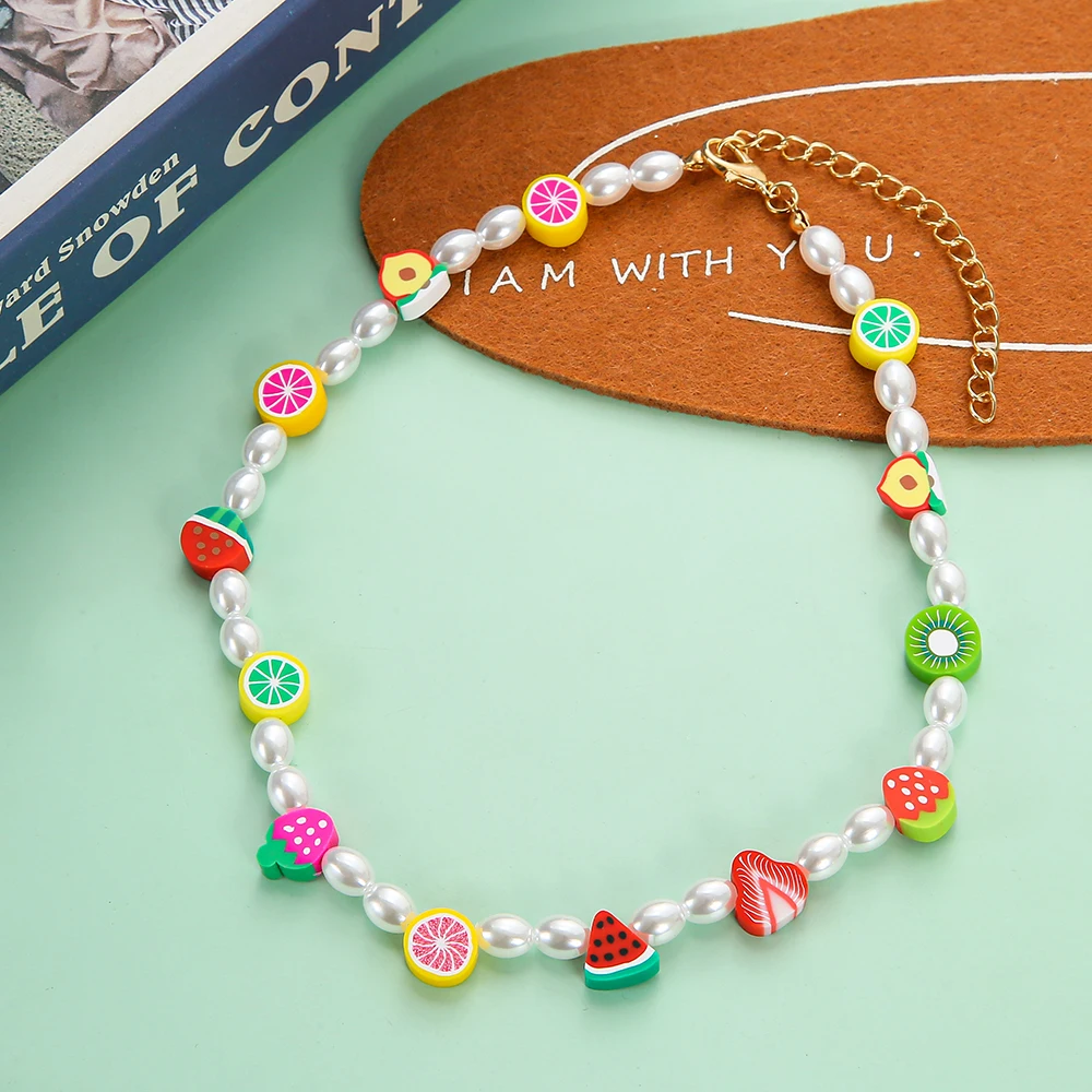 

Bohemian Colorful Polymer Clay Fruit Slice Pearl Necklace For Women Fashion Summer Beach Chain Choker Collar Wholesale Jewelry, As shown