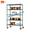 BSCI Factory & NSF Approved 5 Tier Epoxy Coating Heavy Duty Wire Shelf with 5 Inch Castors for Wet Environments Storage