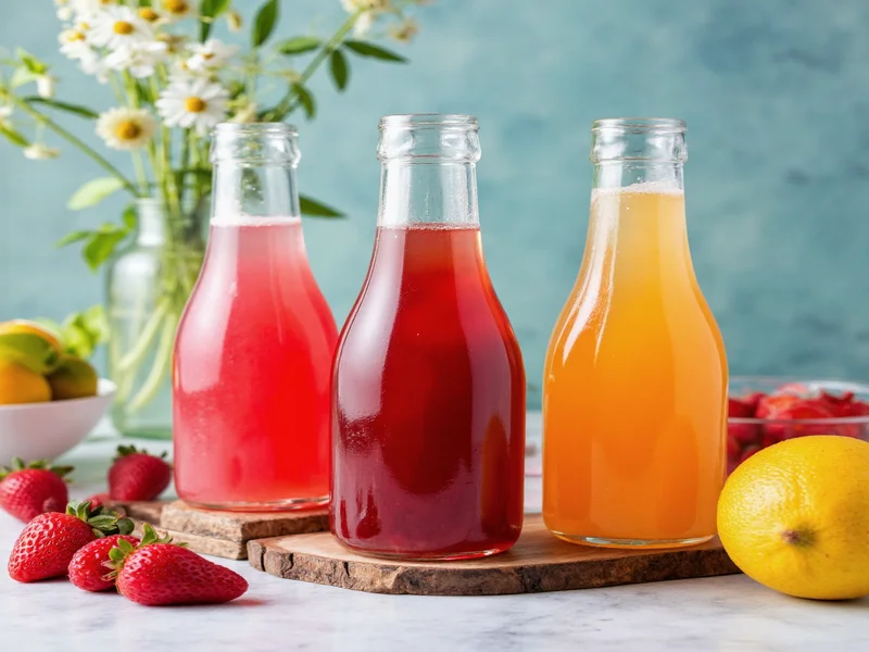 Homemade snow cone syrup in glass bottles with fresh fruit