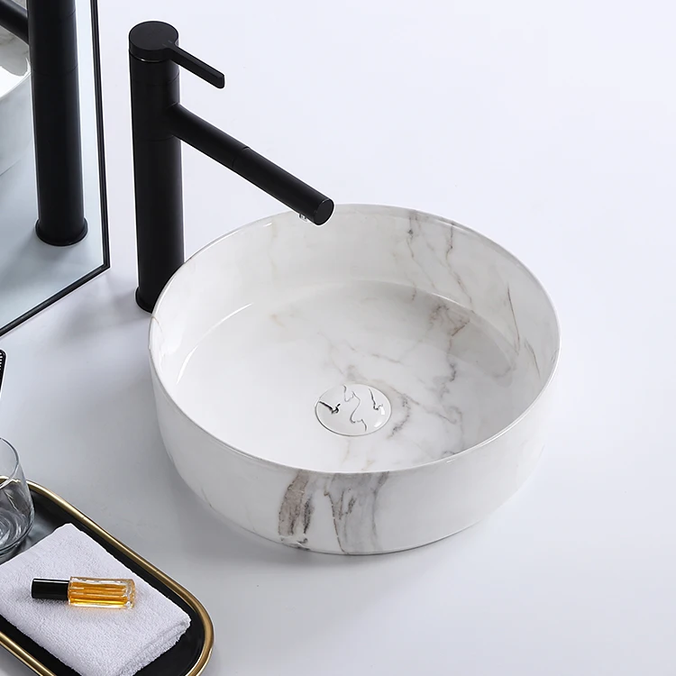 Vanity luxury gold and black color hotel washroom small round art washbasin ceramic table top bathroom sink hand wash basin details