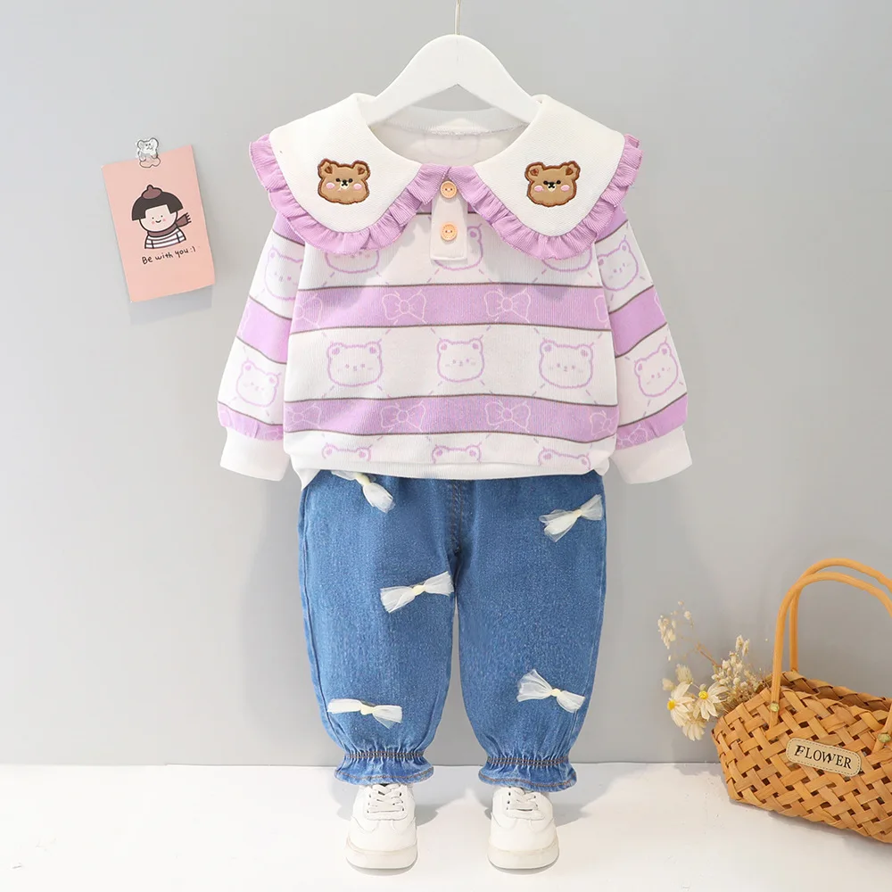 

2022 New Girls Toddler Boutique Clothing Set Striped Cute Blouse Pants Clothes Child Clothes Kids Sweat Suits Sets, Pink, orange, purple