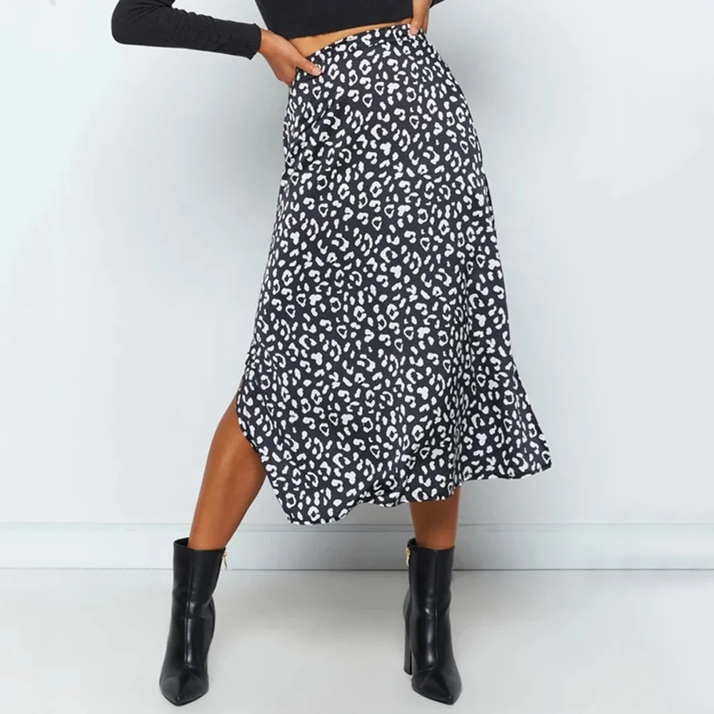 

Spring and summer women's leopard print chiffon print split skirt Sexy zipper high waist midi skirt