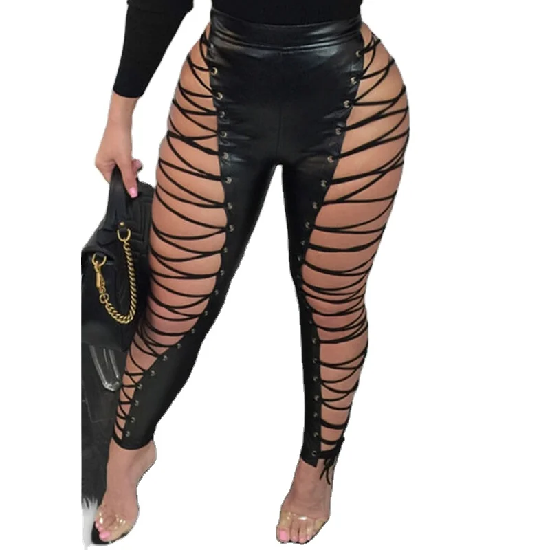 

Sexy girls Tight Skinny outfit soft quality pu pants Hollow clothes kim ladies push up leather pants fall clothing for women, Black