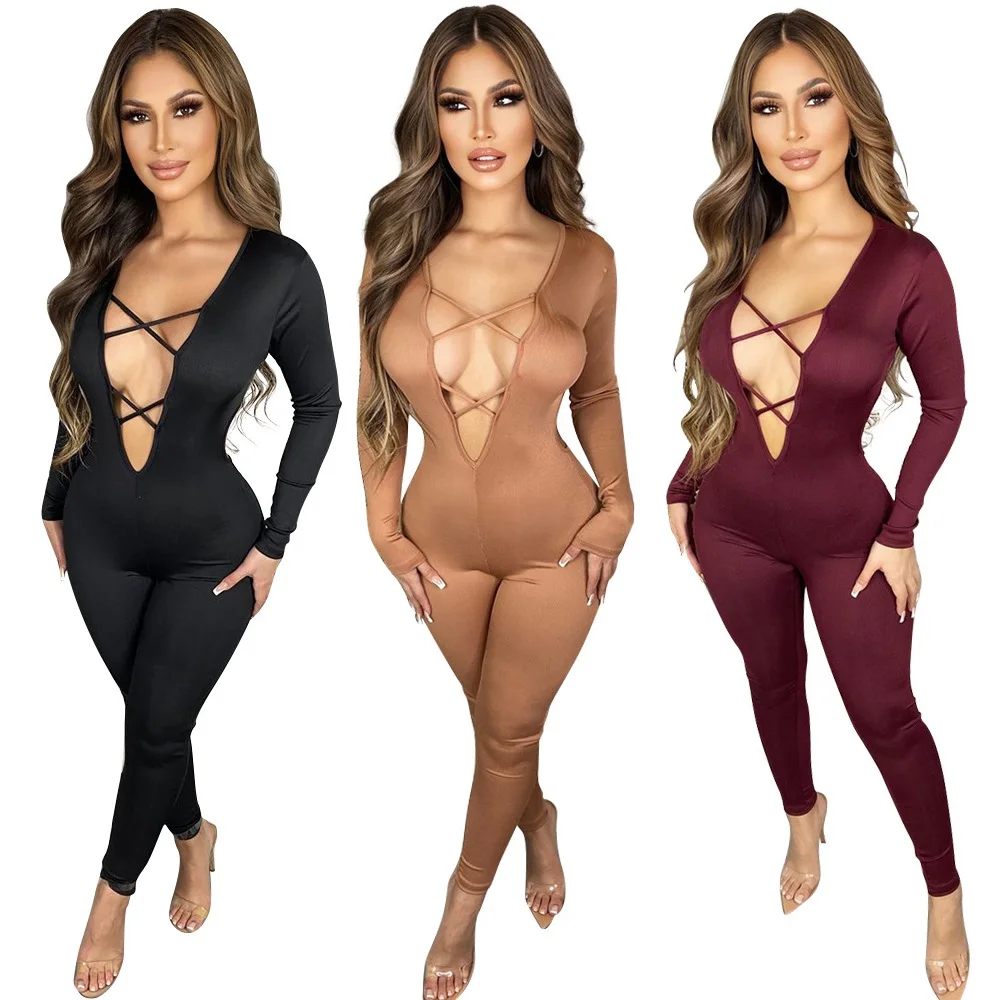 

New Arrival Hollow Out Bandage Bodycon Bodysuit 2022 Fashion Womens One Piece Black Sexy Jumpsuit