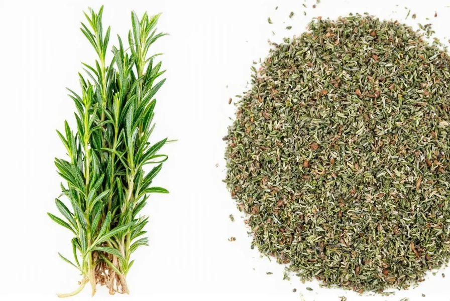 Fresh and dried rosemary side by side