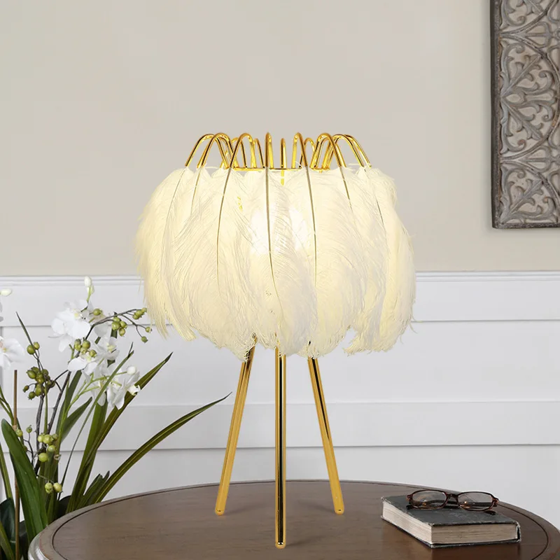 Hot selling  white feather  living room lighting  led desk light reading lampara de mesa bedside table lamp