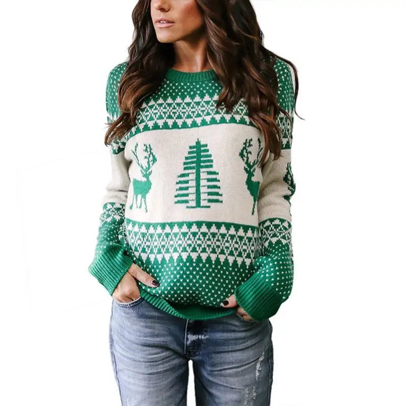 

Custom women's long sleeve sweater Christmas girls winter sweater snowflake elk sweater