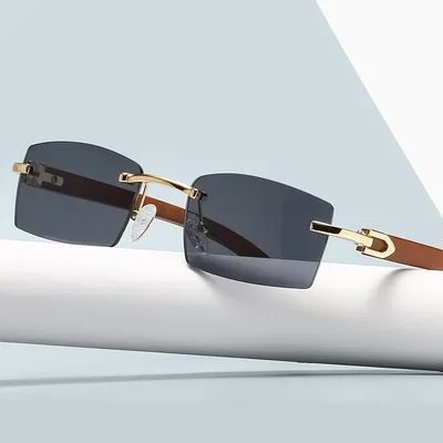 

2022 Men Custom Logo Wood Grain Color Buffalo Horn Fashion Rectangle Square Sun Glasses Rimless Sunglasses River Gafas De Sol