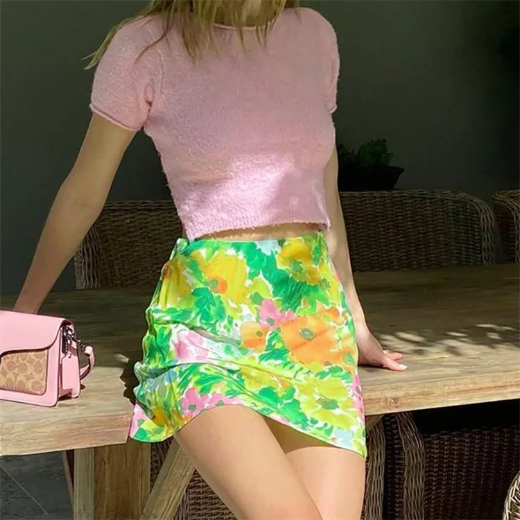 

New high quality lady High Waist Slim Mini A line Skirt Women Printed Skirts Bollywood Style Skirt Fashion Clubwear Short Skits, Green