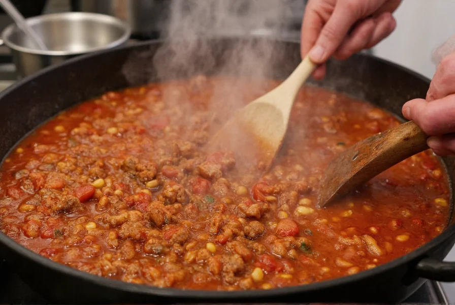 Chef's hands stirring a large pot of chili with steam rising, showing texture of meat and beans