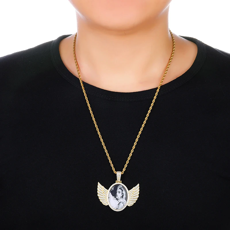 

Oval Heat Transfer Aluminum Sheet Diamond Angel Wings European And American Hip-hop Alloy Photo Necklace Pendant, Picture