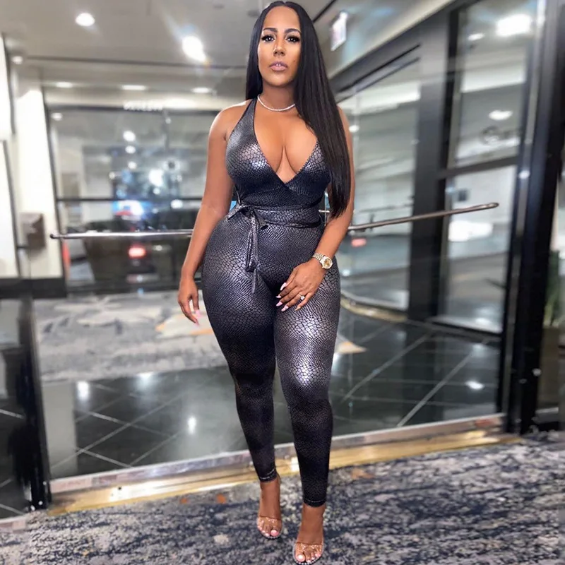 

M6832-- Fashion Bandage Sleeveless V Neck Printed Bavkless Women Jumpsuits
