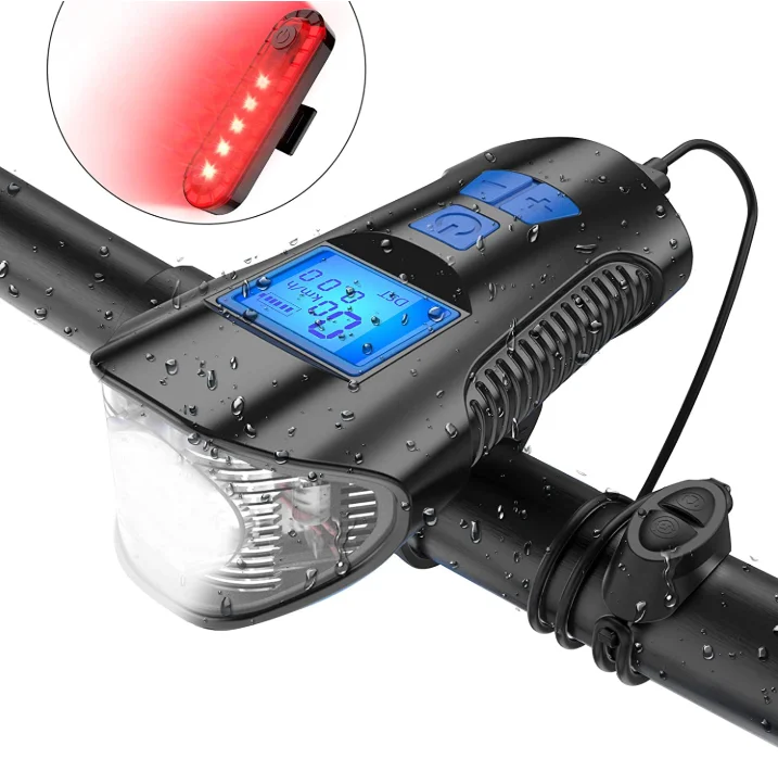 

Bicycle Handlebar Front Light, Waterproof, USB Charging, Horn and Flashlight with Speed Meter, LCD Display, Black