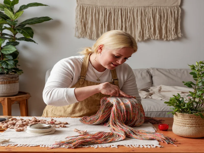 Artisan adding hand-stitched textile details to sustainable home decor
