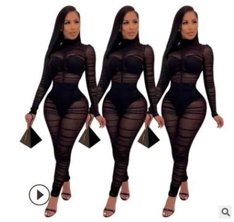 

2021 Jumpsuits for Women Ruched Black Lace Mesh Bodysuit See-through Pleated Long Sleeve Jumpsuit Club Wear