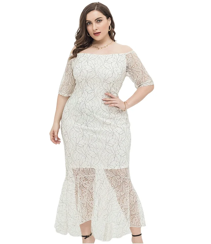 

2021 spring and summer new products gentle wind plus size women's clothing fat MM one-shoulder sexy slim lace dress