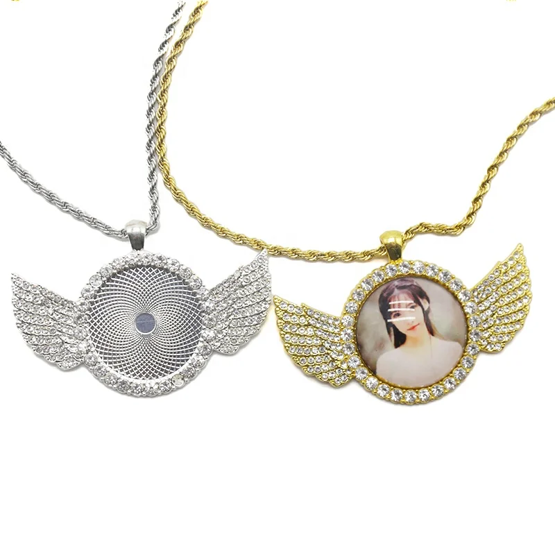 

New Fashionable Custom Sublimation Hip Hop Angle Wings Metal & Crystal Necklace Charms, Gold /silver