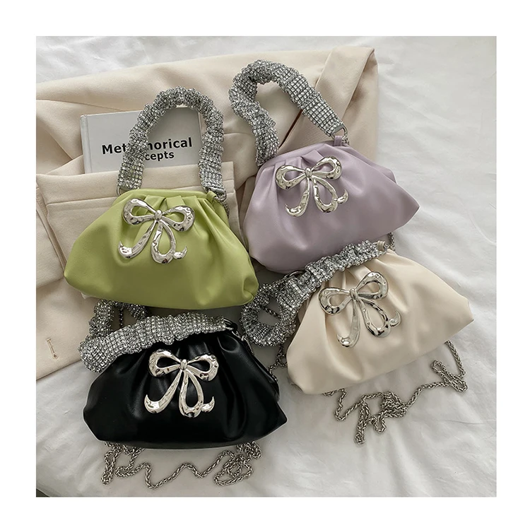 

Metal Bow Design Women Fashion Tote Bags Thick Diamonds Chain Purses and Handbags Small Cloud Bags Ins Trendy Fold Crossbody Bag