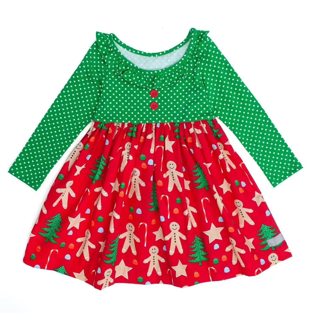 热销儿童衣服圣诞姜饼图案冬季可爱女孩连衣裙