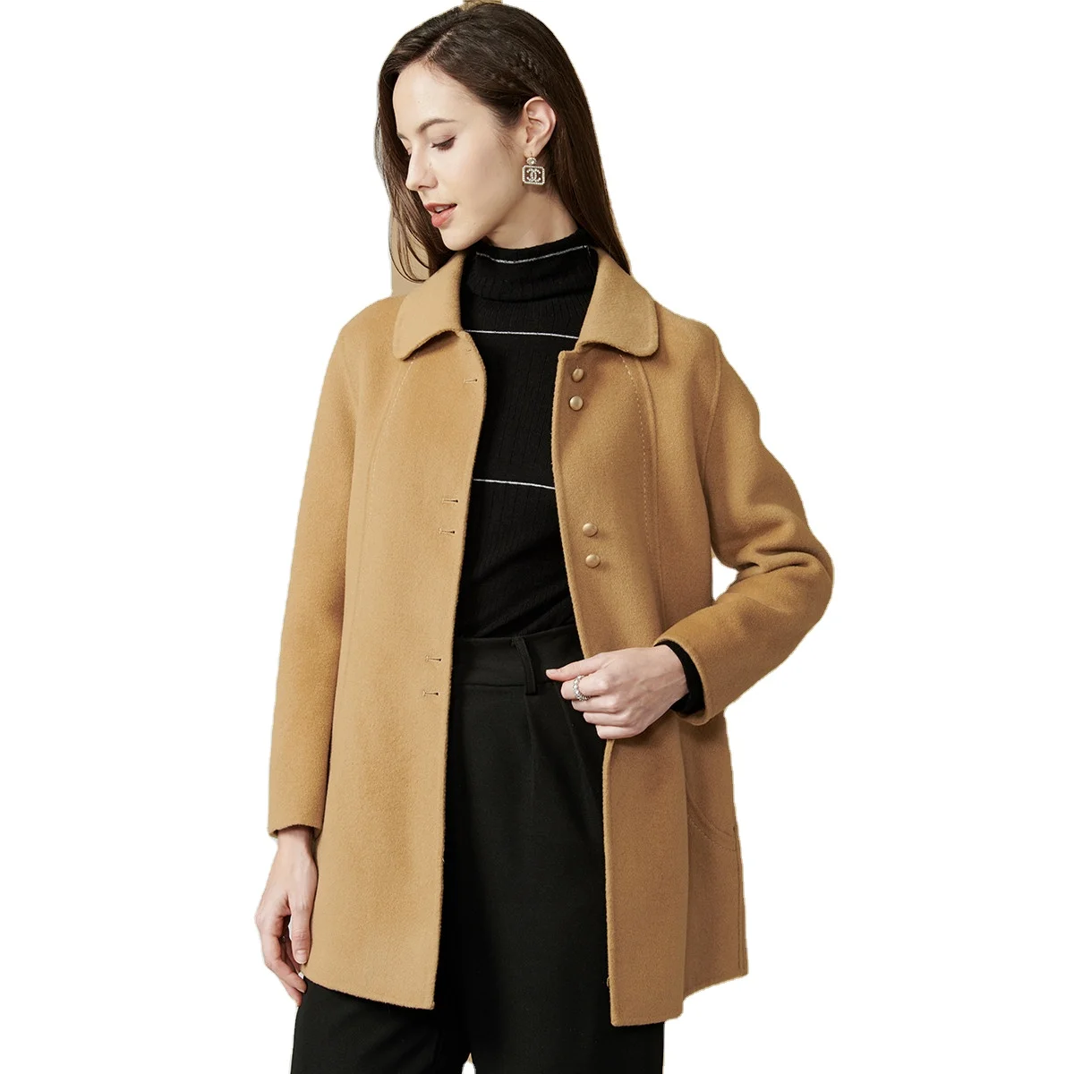 

KEWO Korea Style Breathable Top Single Breasted Middle Length Red Women Winter Wool Trench Coat