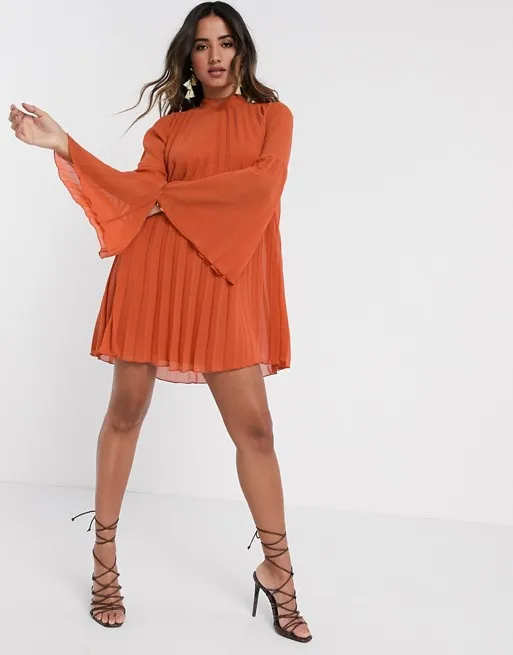 Pleated Trapeze Mini Dress With Fluted 