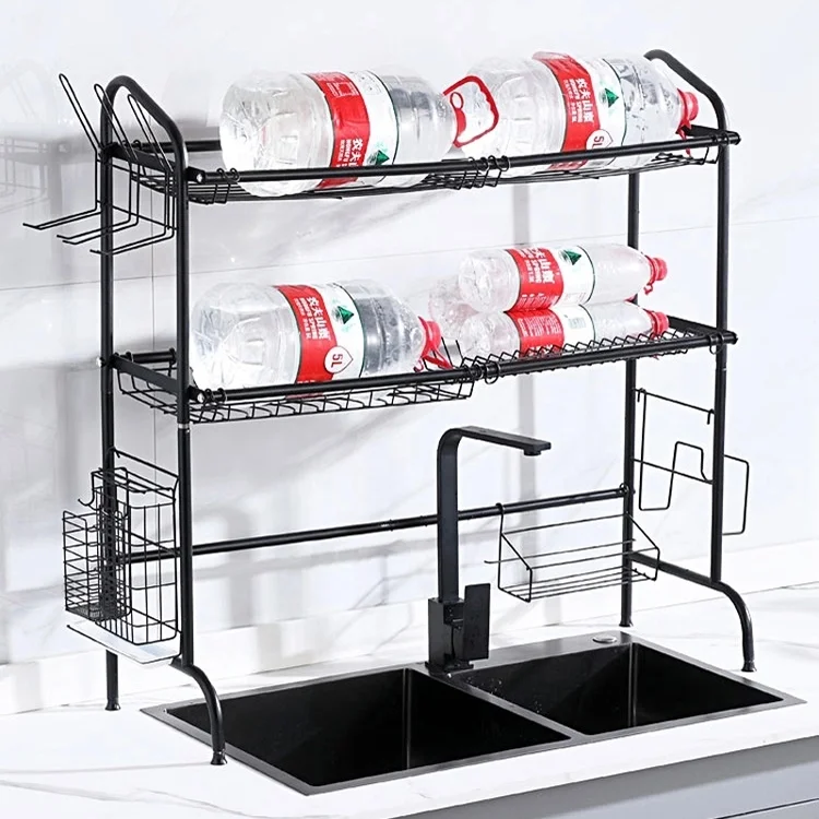 

New 201 Stainless Steel Material 3-layer Installation Adjustable Shelf Sink Rack, Black