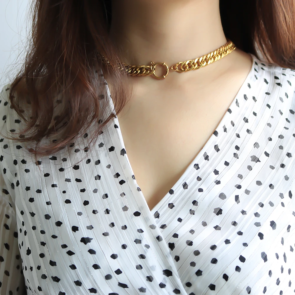 

Stainless Steel PVD 18K Gold Plated Chunky Choker Necklace For Women Thick Curb Cuban Chain Necklace