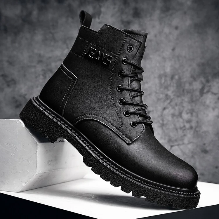 

XLAI Men'S Boots Plus Velvet Leather Rubber Sneakers Lace-Up Mid-Tube Boots Trendy Flat Sneakers Lightweight And Handsome Boots, Black brown
