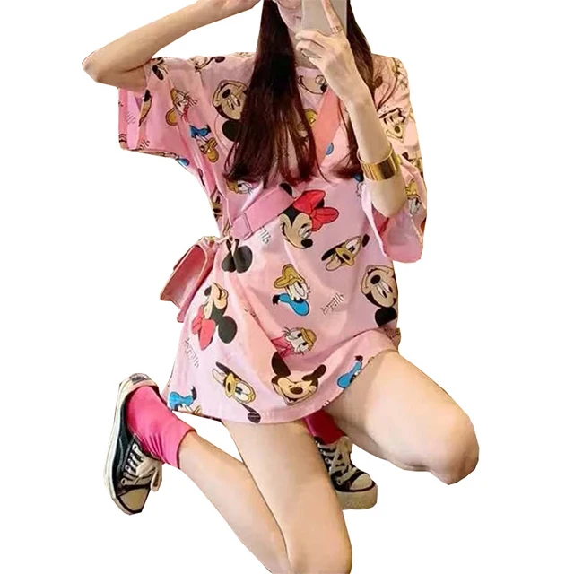 

Large pink Cartoon round neck short sleeve T-shirt for women summer new mid long loose Mickey Mouse