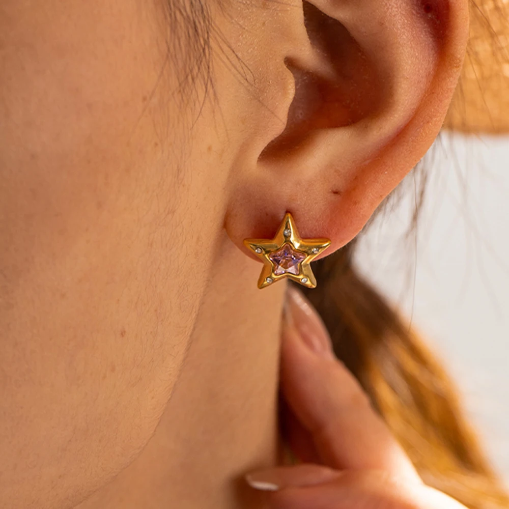 

Simple 18K Gold Planted Stainless Steel Pink Earrings Cubic Zirconia Star Stud Earring for Girls