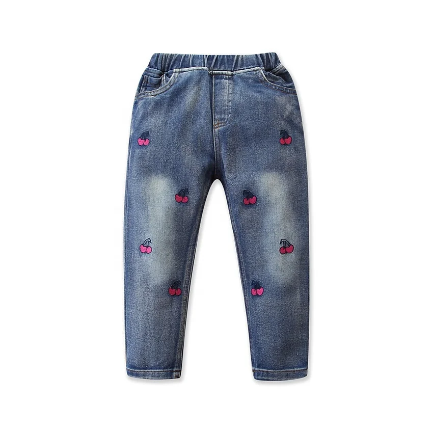 

B24267A Spring little girls' fashion jeans Children girl embroidered jeans, Blue