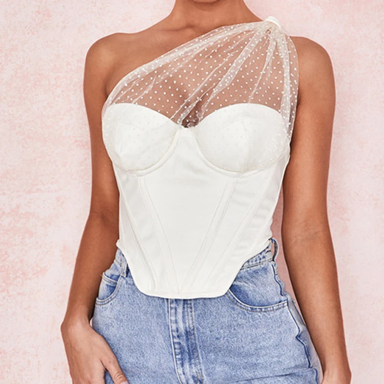 

Polka Dot Draped Tulle Corset Top One Shoulder White Boning Cropped Blouse Summer Woman Shirts And Blouses Ladies Lace Tops