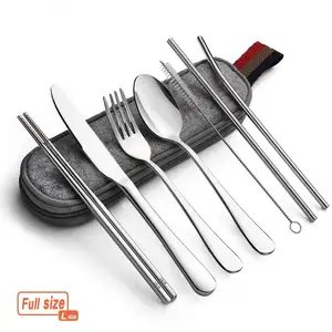 Image of 8 Piece Reusable Travel Utensils Silverware with Case, Stainless steel Portable Flatware Camping Cutlery Set With Metal Straw