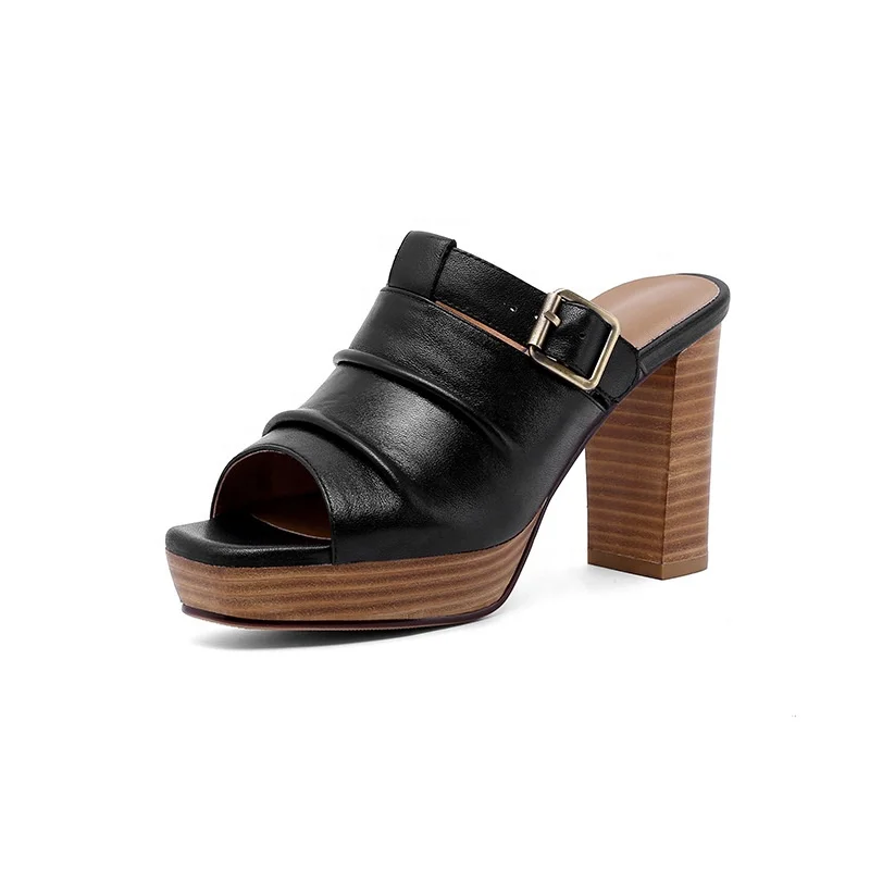 

Brown High-heeled Sandals And Slippers Retro Thick-heeled Belt Buckle Sandals Cowhide Open-toed Dual Purpose Slippers