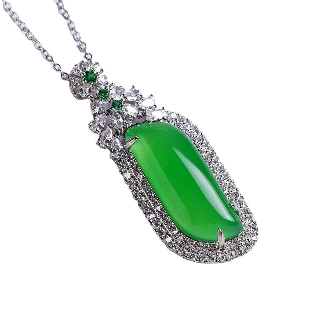 

Certified 925 Inlaid Chalcedony Leaf Pendant Green Chalcedony Pendant White Gold Diamond Pendant