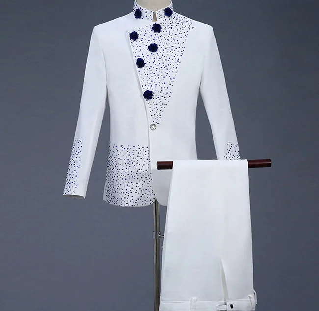 

Ready to wear Custom Young man's tuxedo with blue diamond collar White suit, Customized color