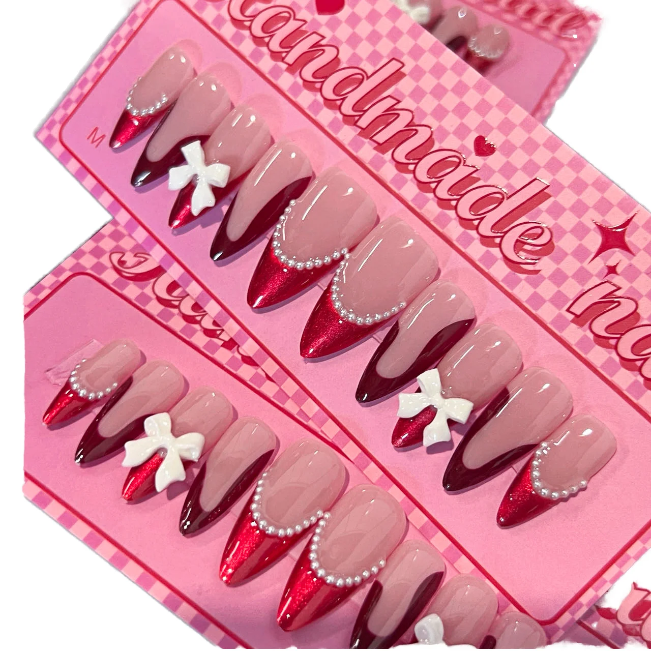 10 Pcs SP177 French-style Red High-end Graded Semi-handmade 3D Bow Almond Acrylic Press on Nails Artificial Fingernails